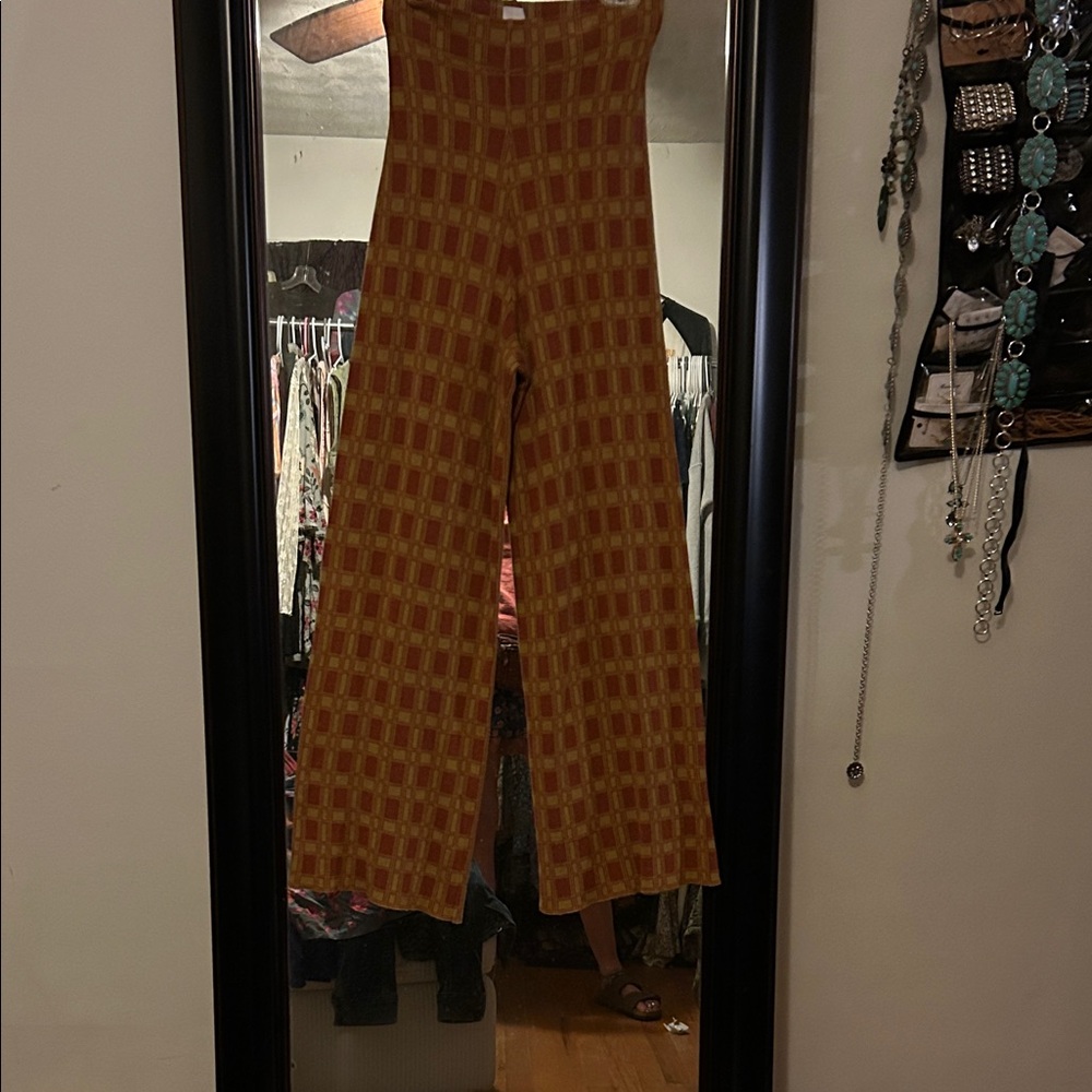NATURAL LIFE Mustard and Red Checkered Flare bell bottoms